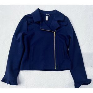 EUC! Janie And Jack Navy Blue Moto Motorcycle Jacket Gold Zipper‎ 7-8 Ruffle